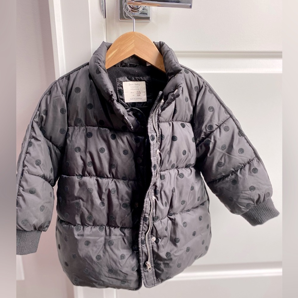 Zara Black Toddler Girl Jacket / black-on-black polka dots.